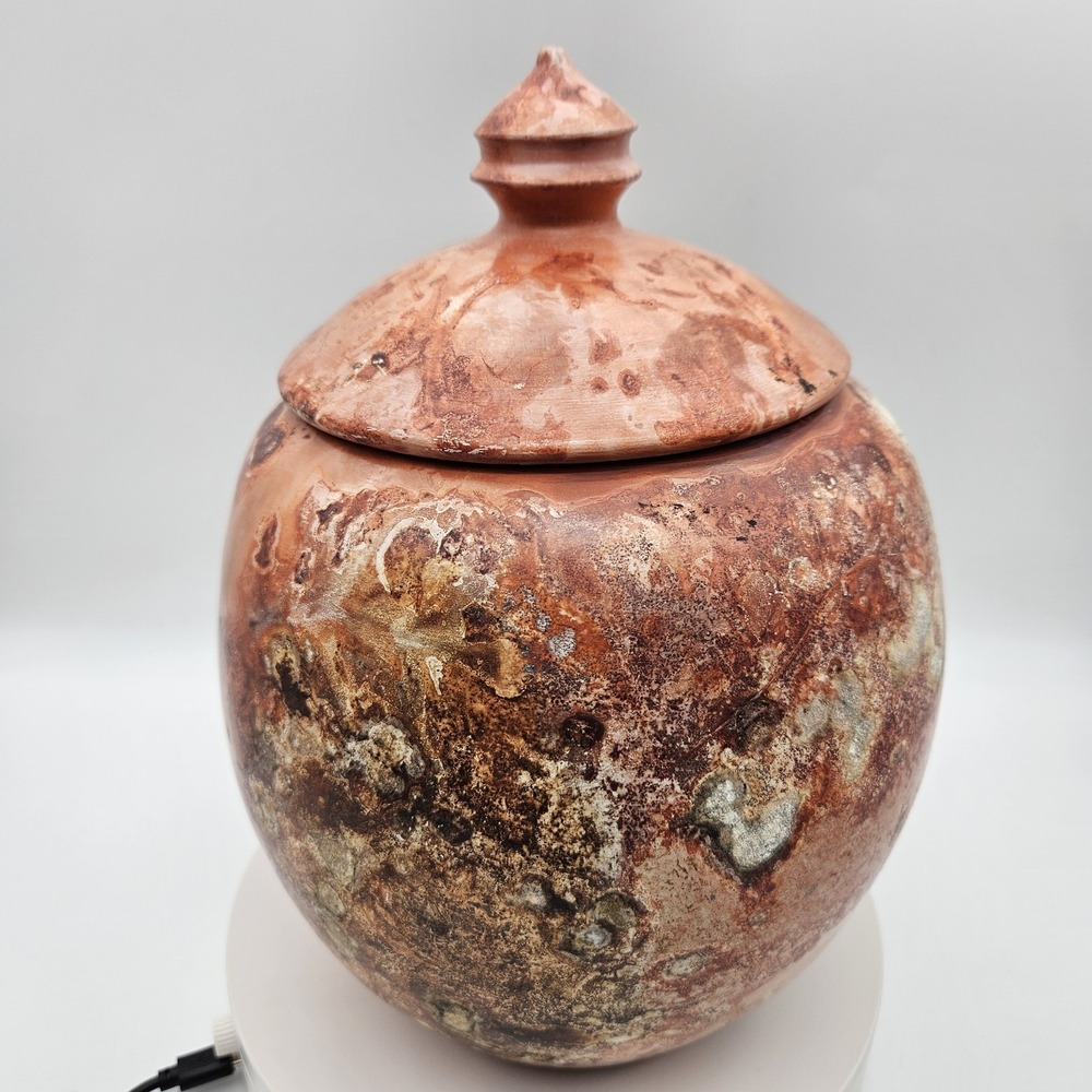 Organic Copper Red Raku Pottery Lidded Pot Vessel Mottled Oval 9.5" tall